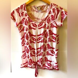 Lucky Brand Live in Love Red White Bird Print Short Sleeve Tee Shirt XS